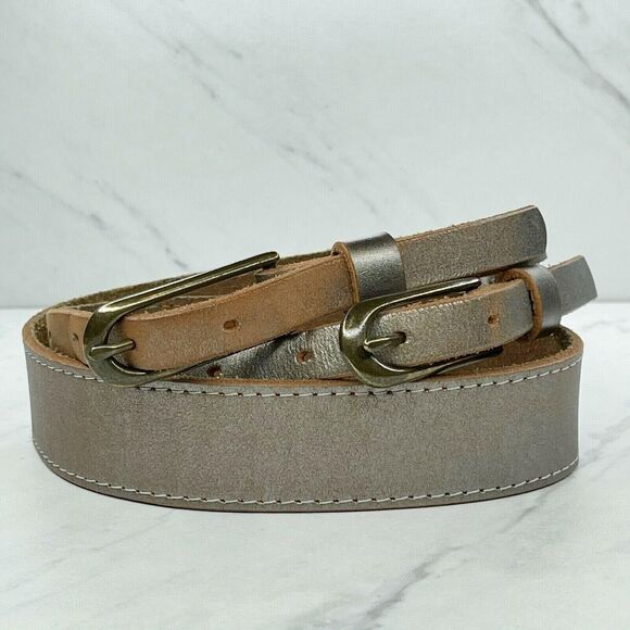 Gap Silver Metallic Double Buckle Genuine Leather Belt Size Small S Womens - Picture 1 of 12